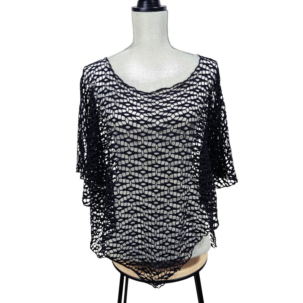 MKM Designs Black Open Knit Mesh Poncho Top Boho Grunge Whimsigoth Dark Academia